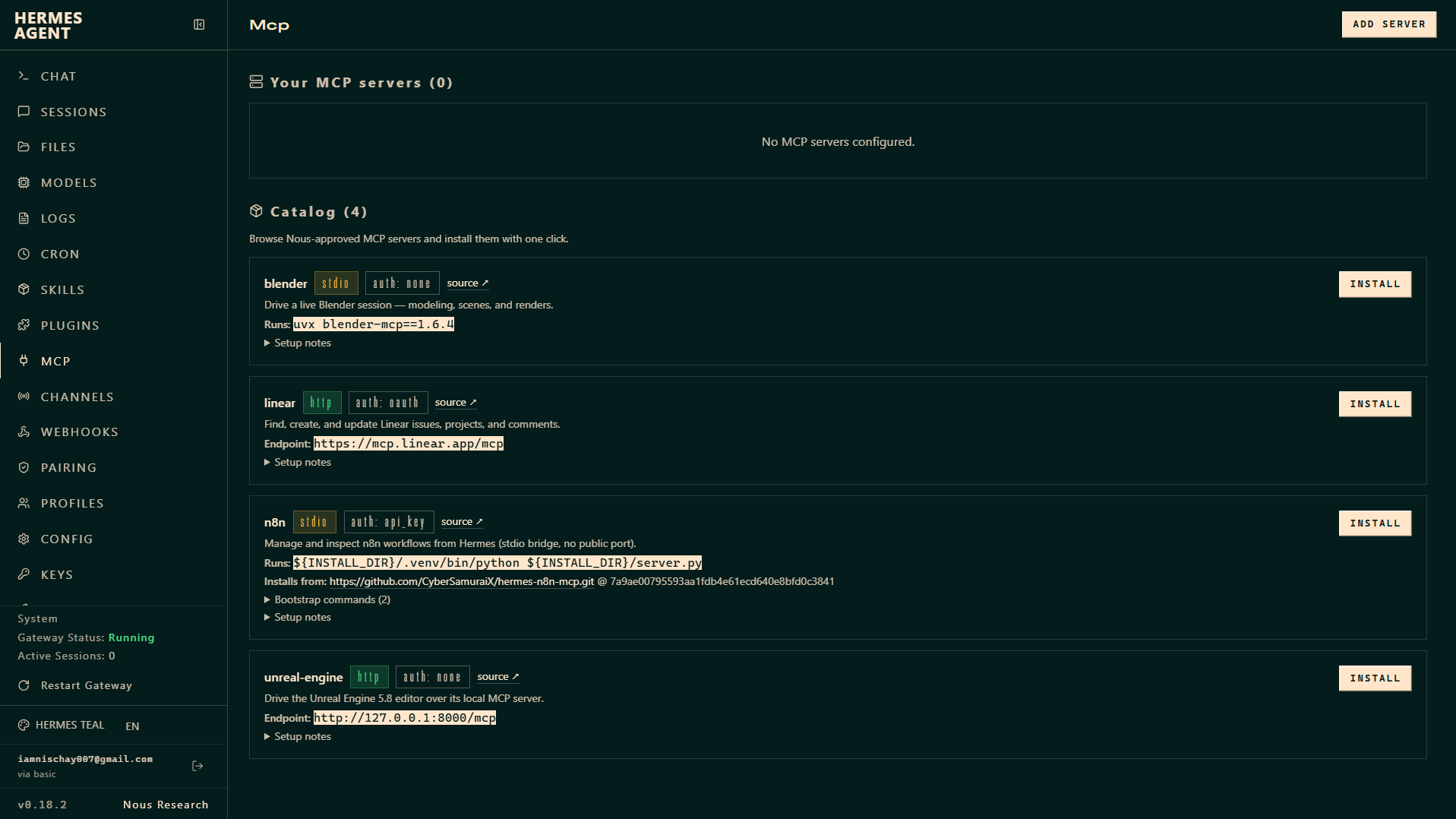 The Hermes dashboard MCP screen
