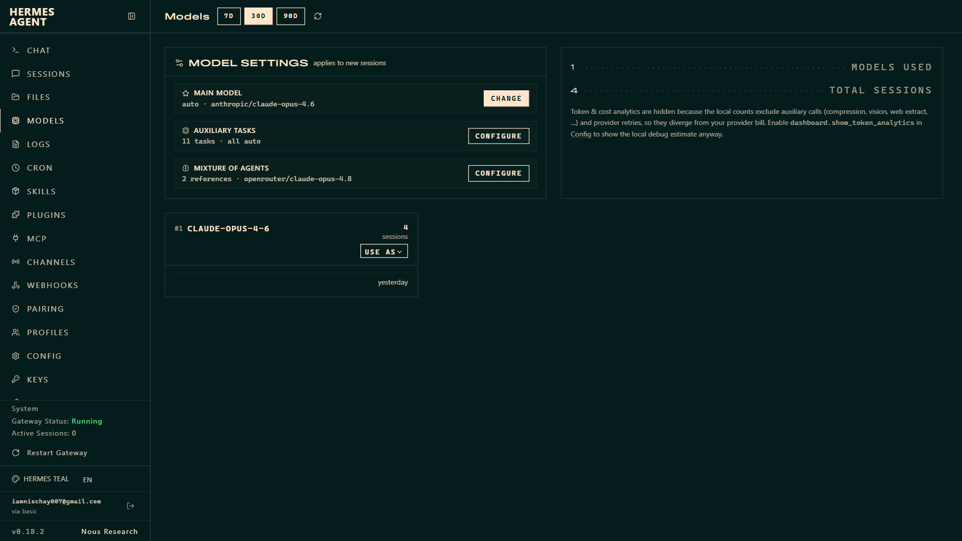 The Hermes dashboard Models screen