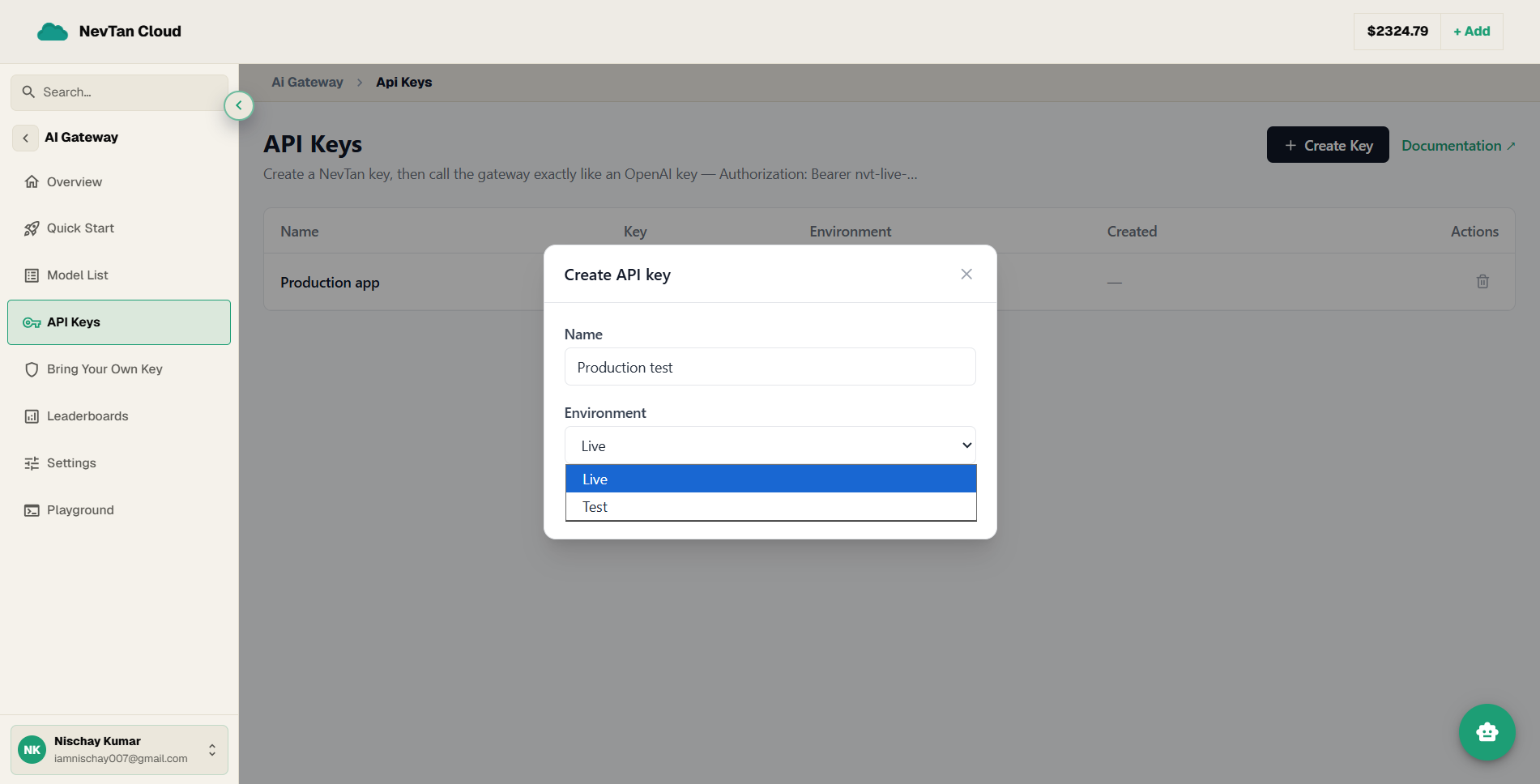 The Create API key dialog with Name and Environment fields