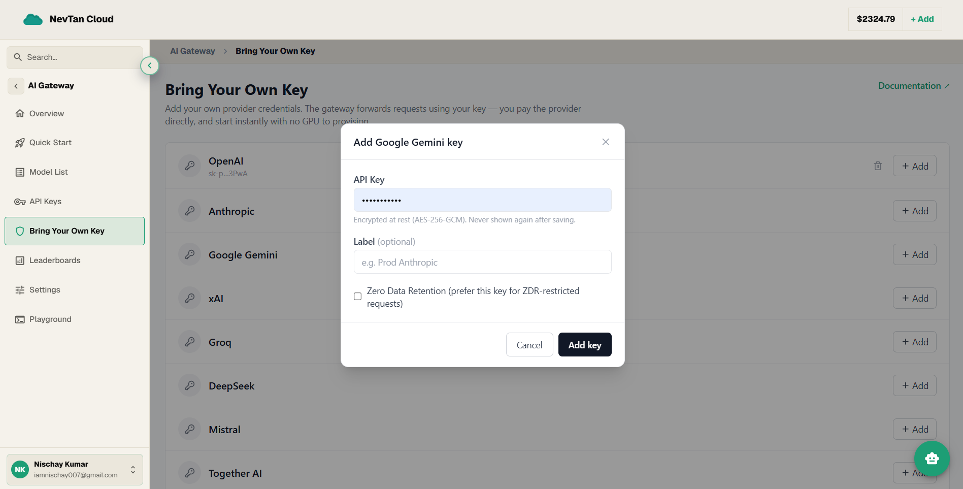 The Add key dialog with API Key, Label, and Zero Data Retention fields