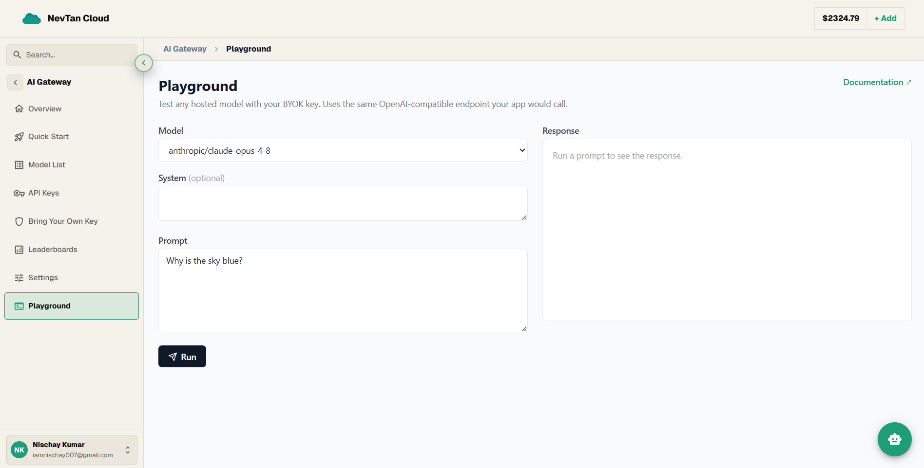 The Playground with input fields on the left and the response pane on the right