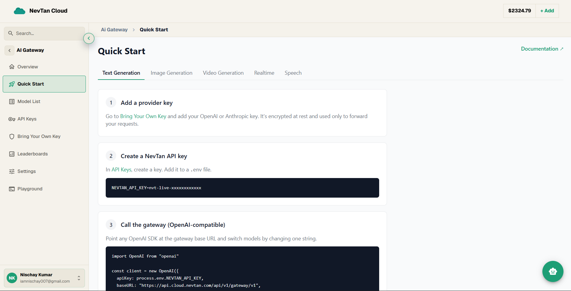 The Quick Start page with modality tabs and three numbered step cards