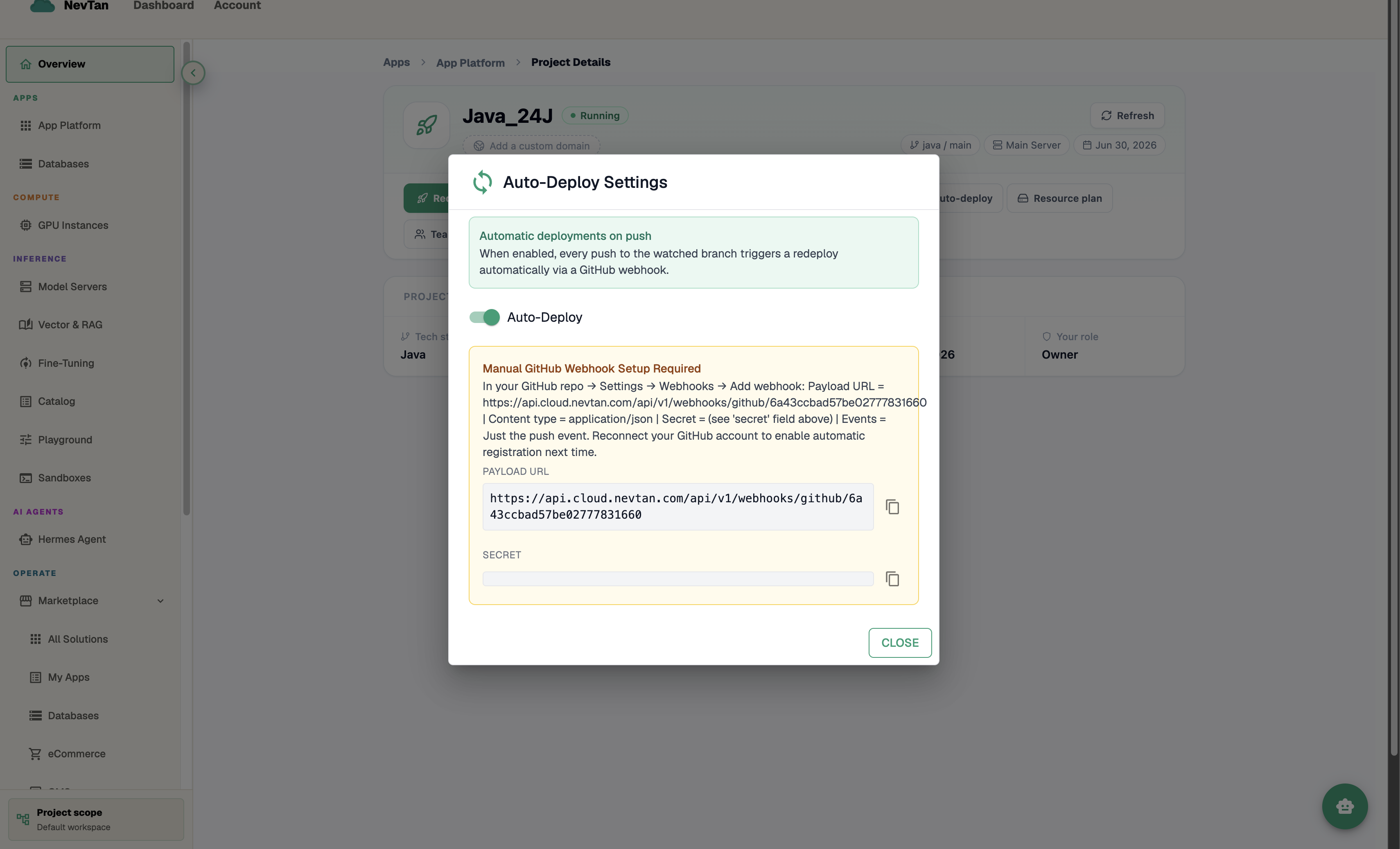 Auto-Deploy Settings modal with the toggle on and connection details
