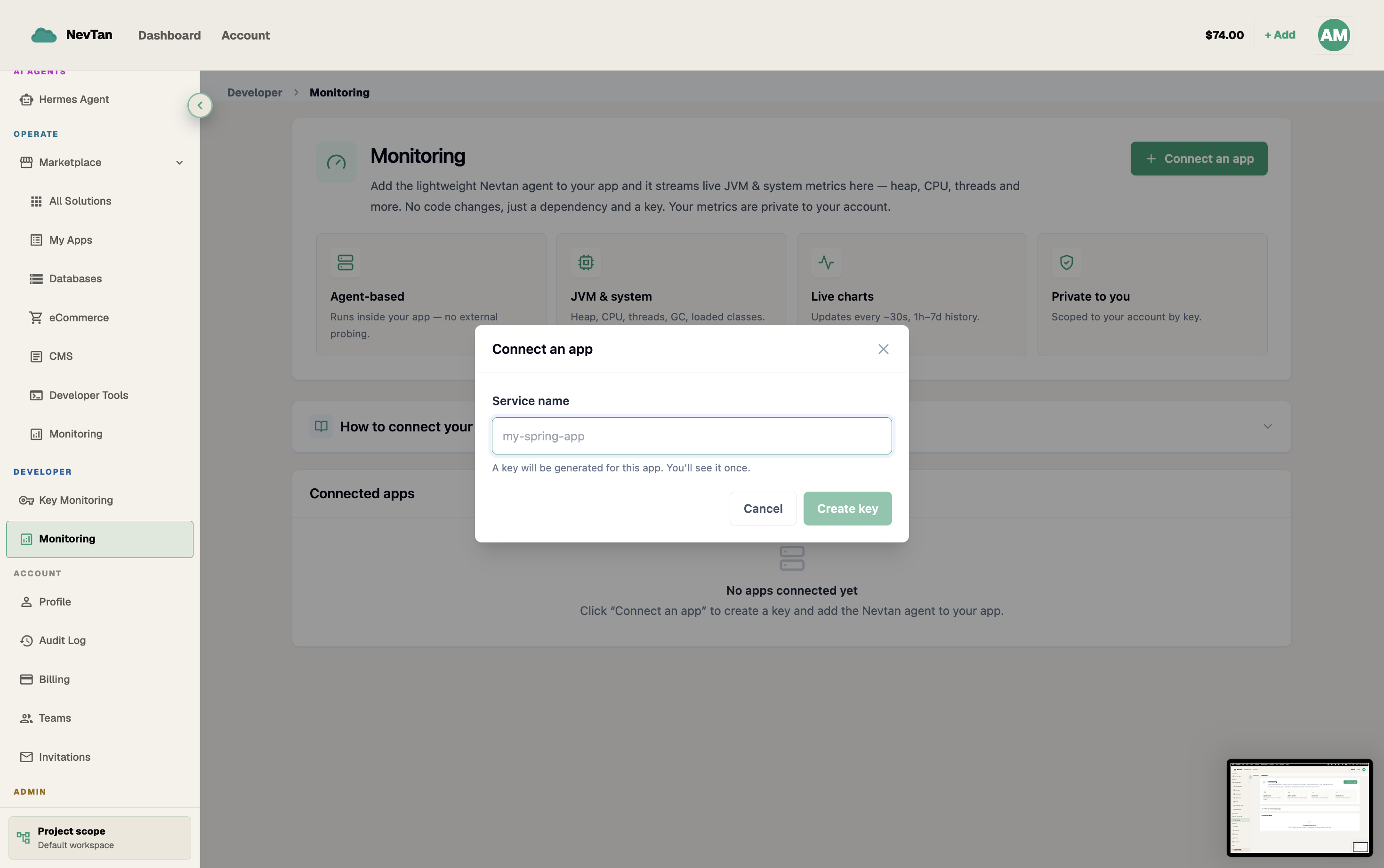 Connect an external app modal with a name field and a Create button