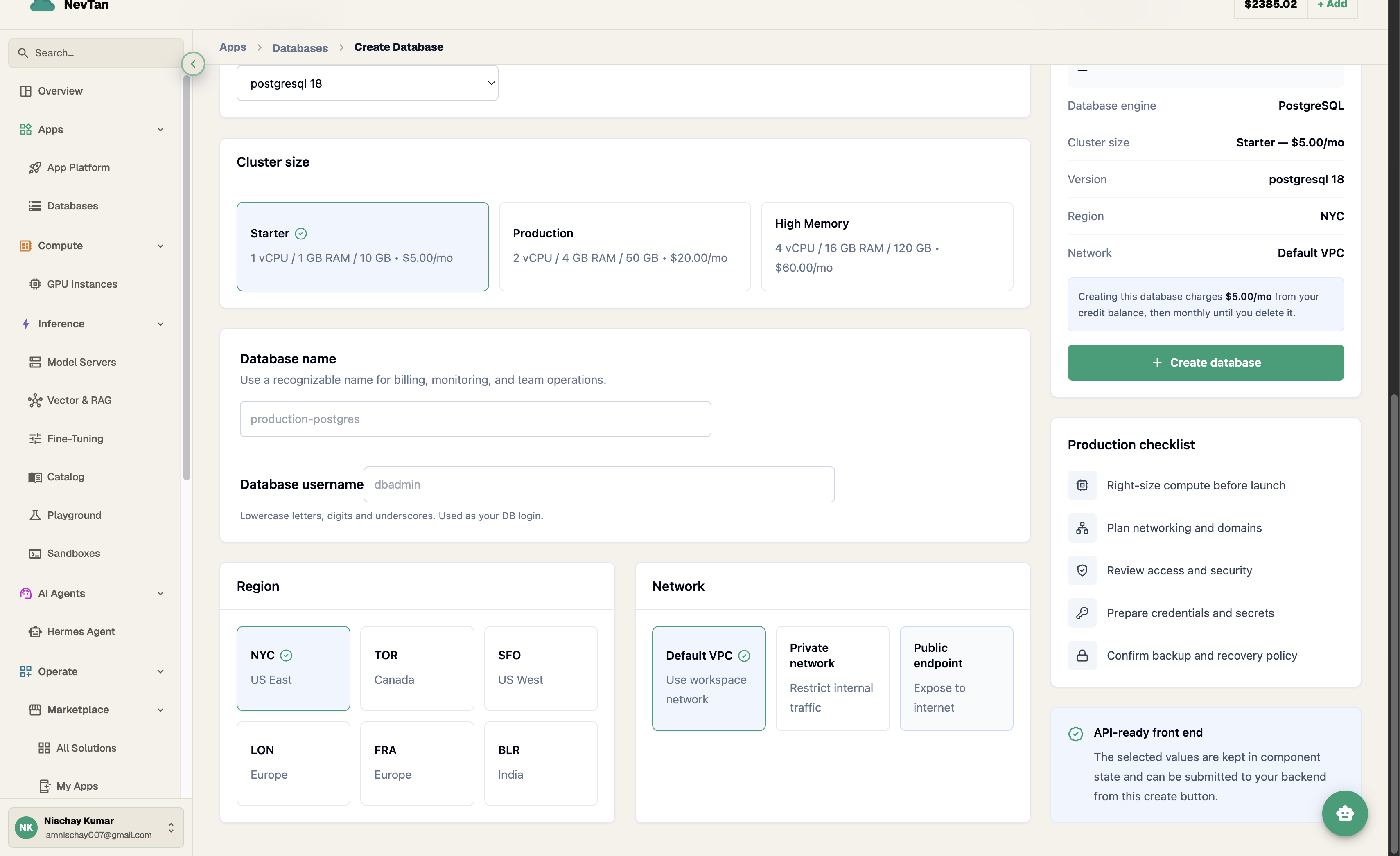 Create Database form showing cluster size, name, region, and network options