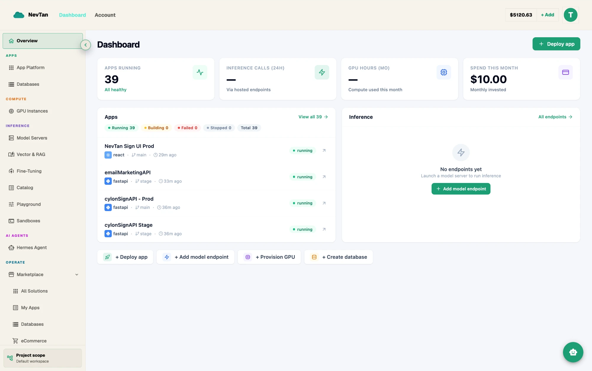 NevTan dashboard overview showing projects, resources, and account status in one view
