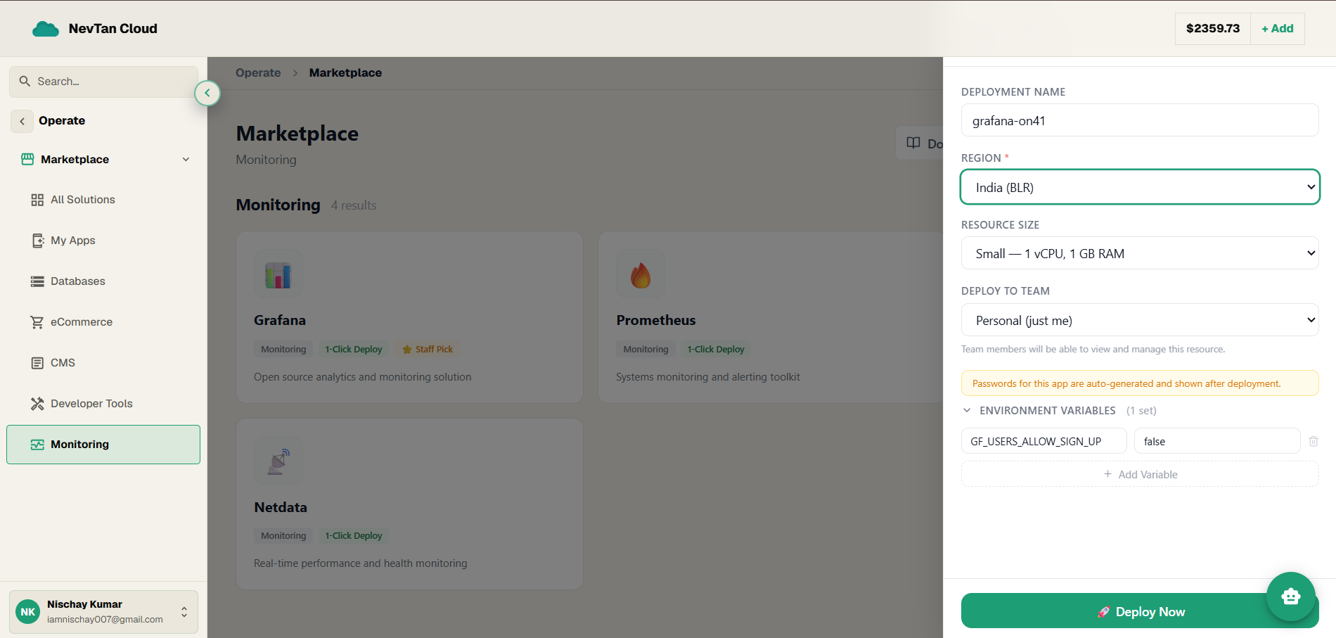 1-Click Deploy panel with Environment Variables expanded
