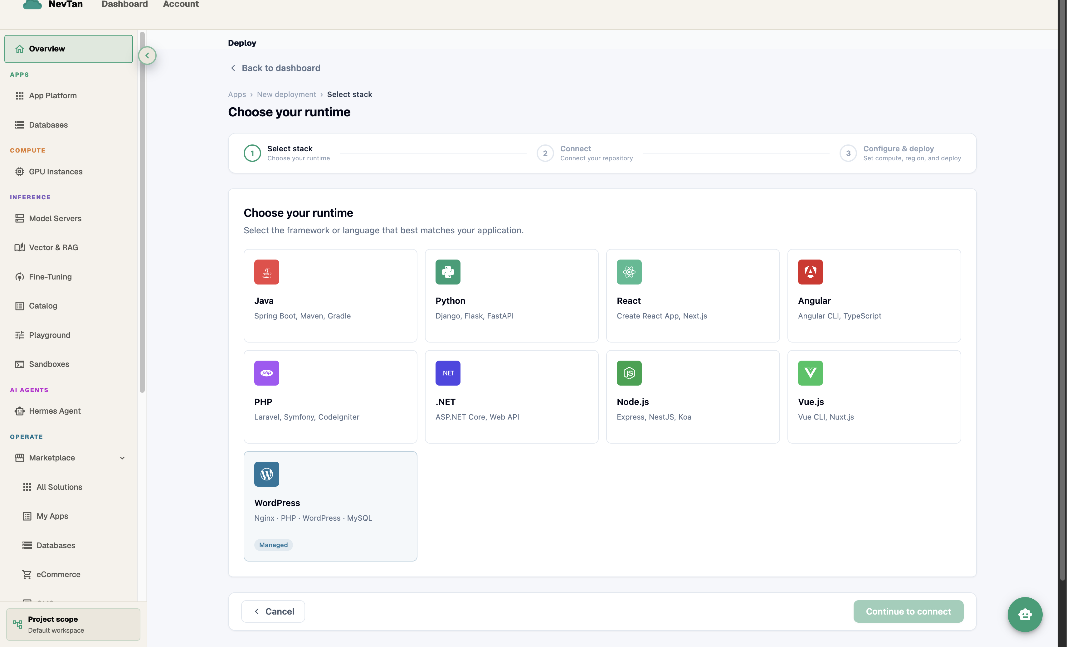 Choose your runtime screen listing Java, Python, React, and more