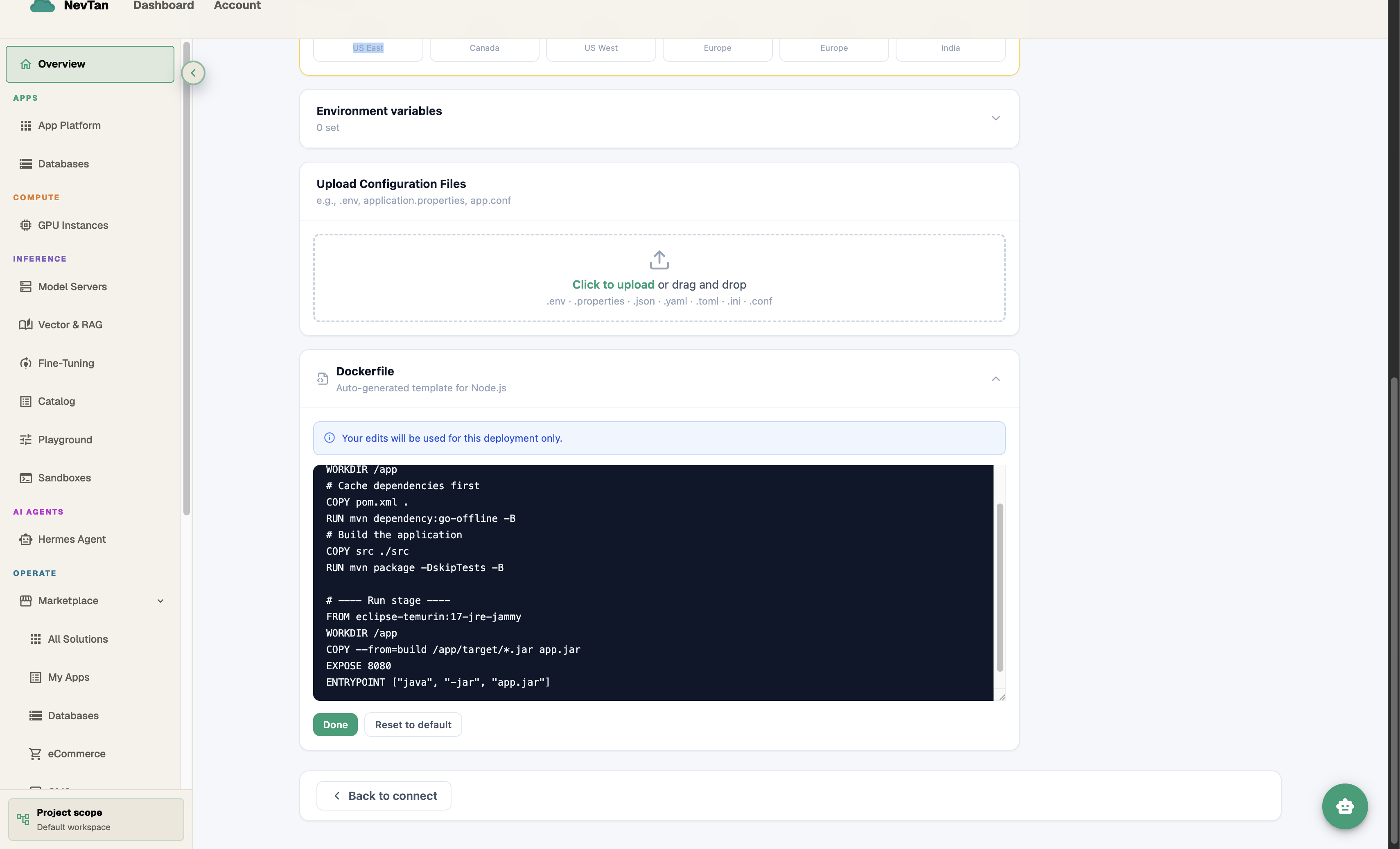 Dockerfile edit mode with Done and Reset to default actions
