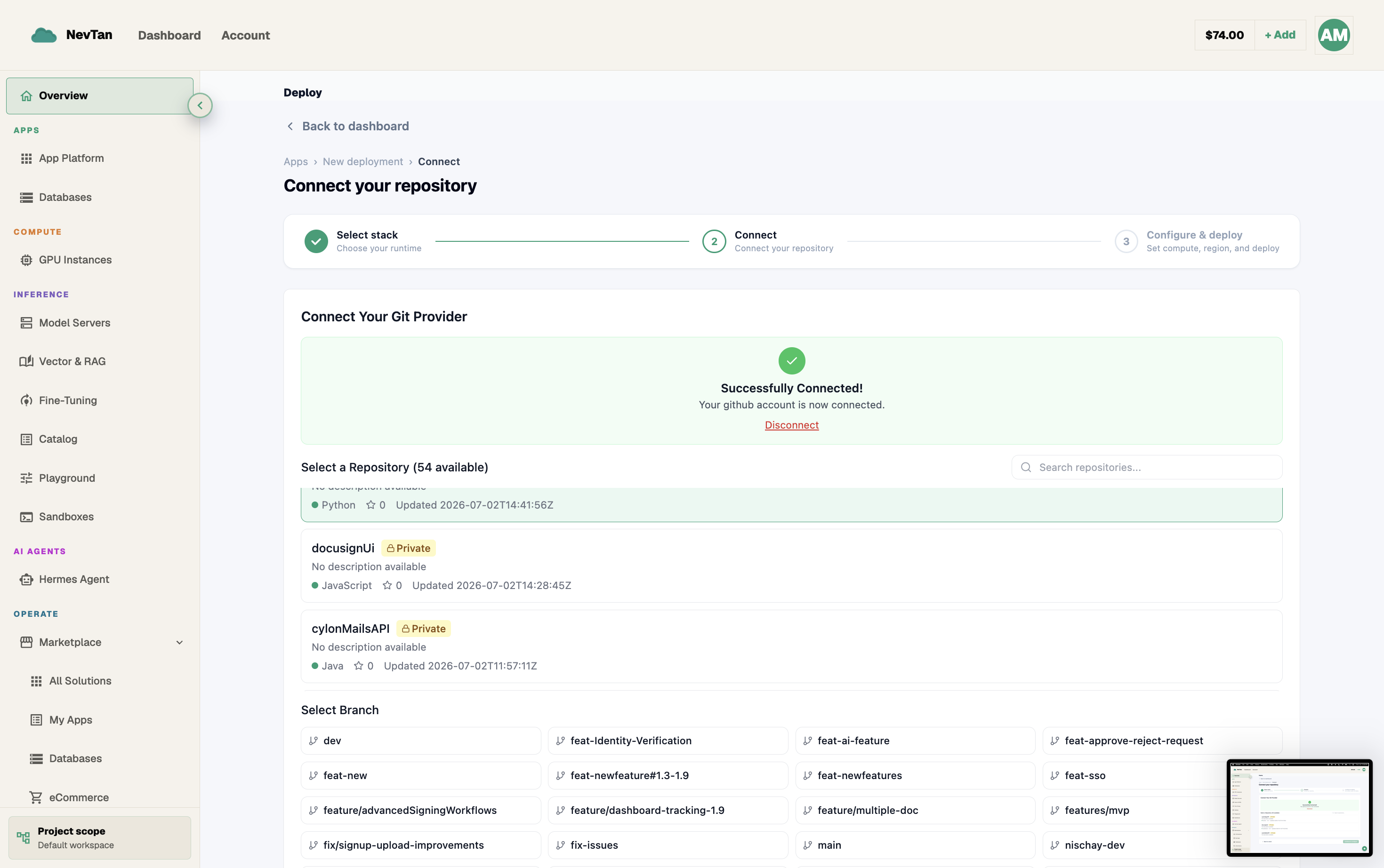 Branch picker dropdown showing the branches available on the selected repository