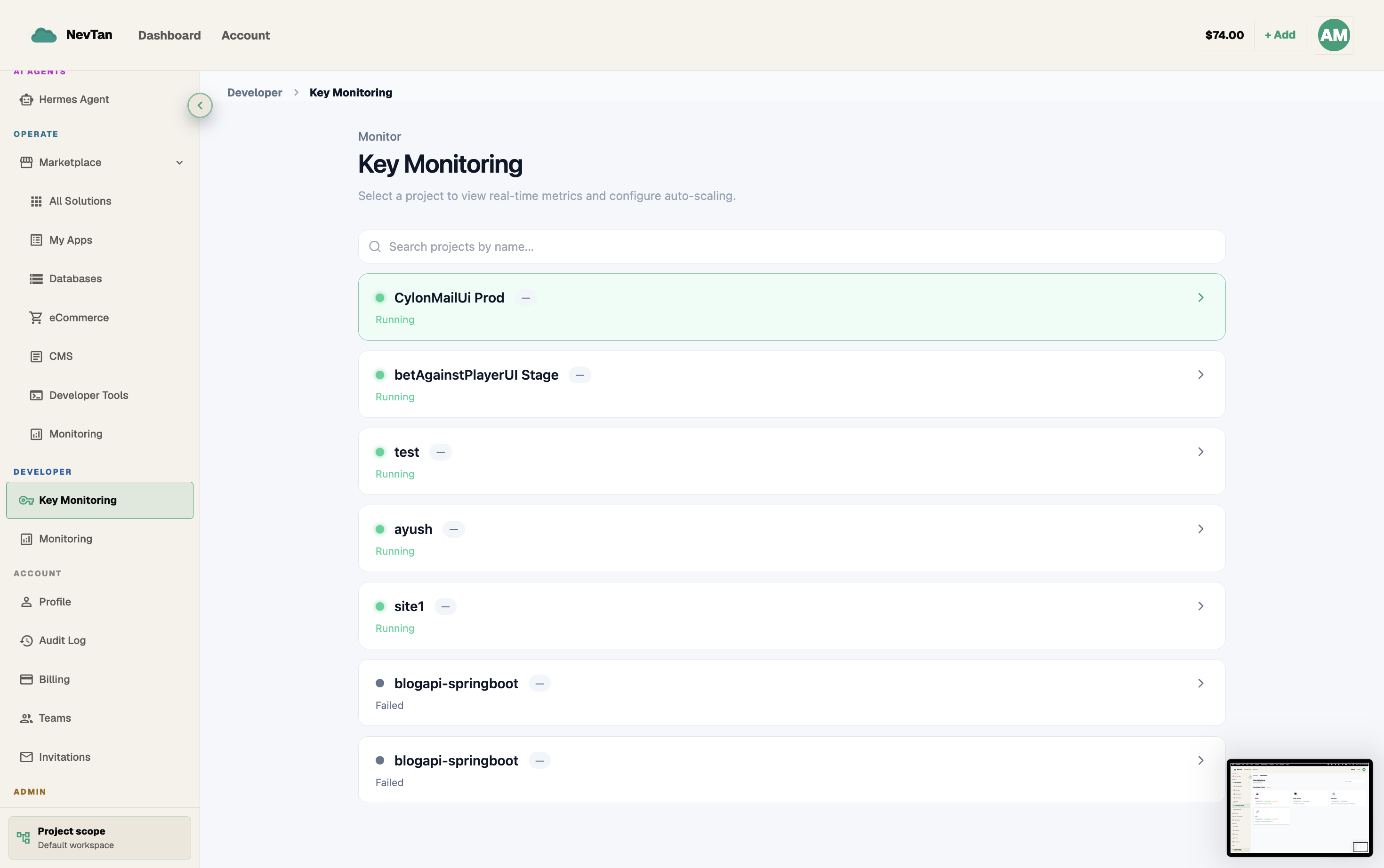 Key Monitoring list showing each monitor key with an up/down badge and latency
