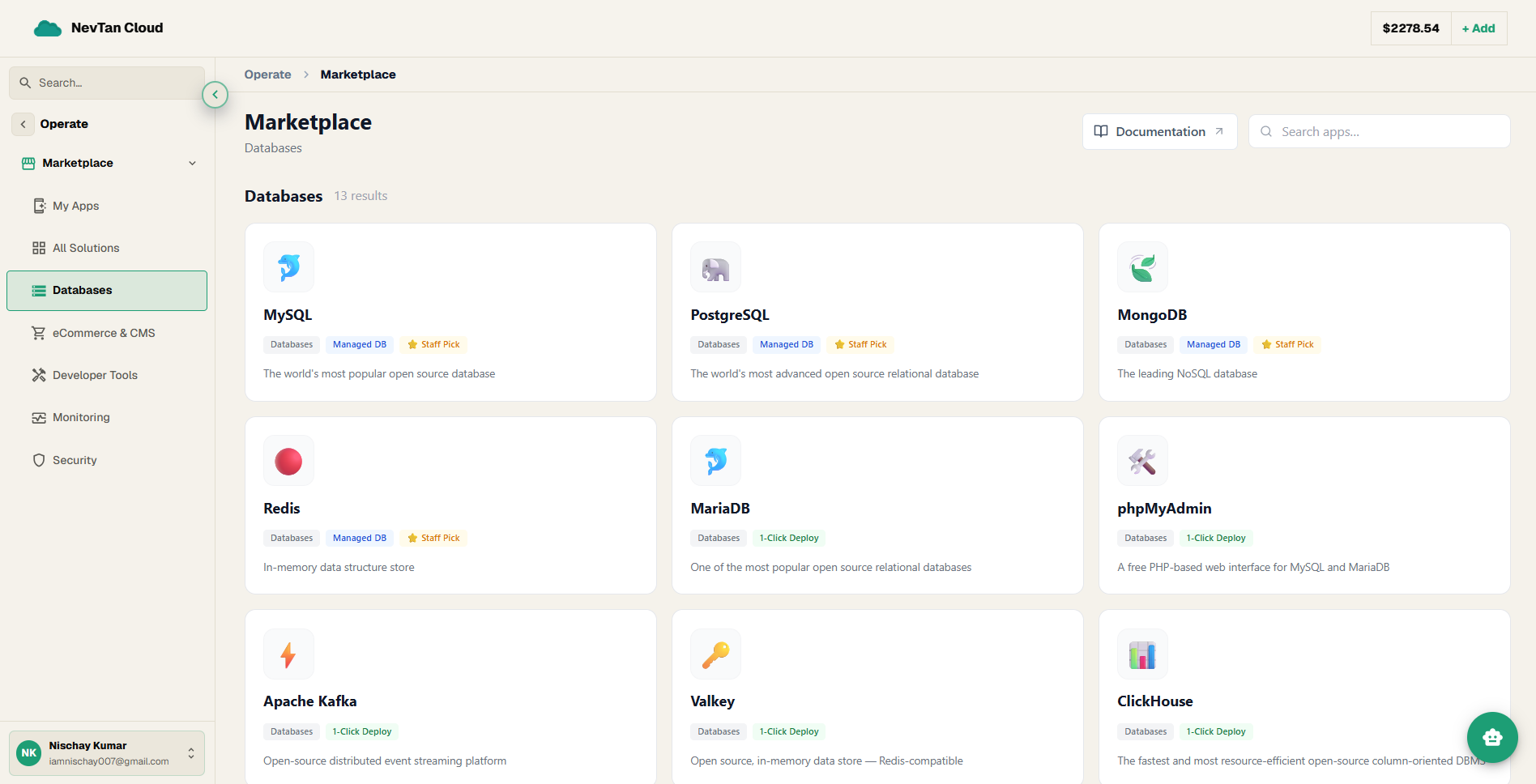 Marketplace catalog filtered to the Databases category