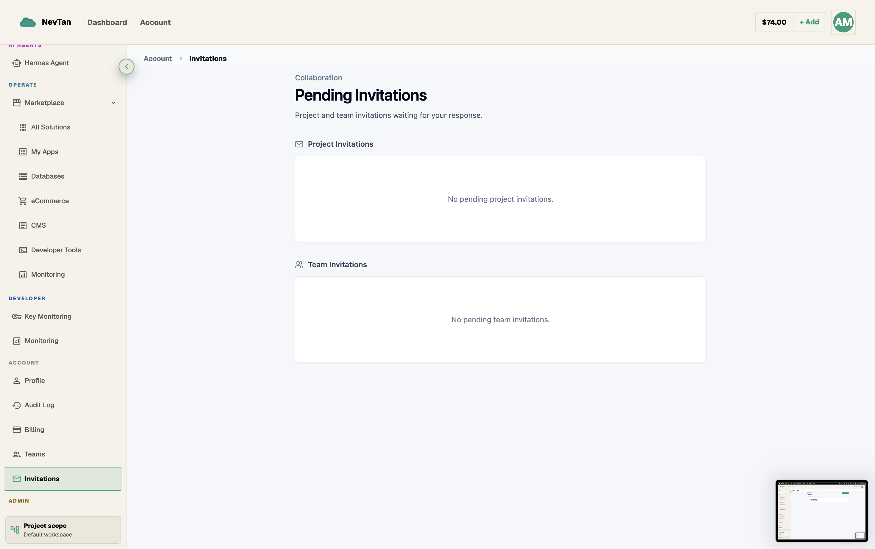 Pending Invitations page with separate Project Invitations and Team Invitations sections