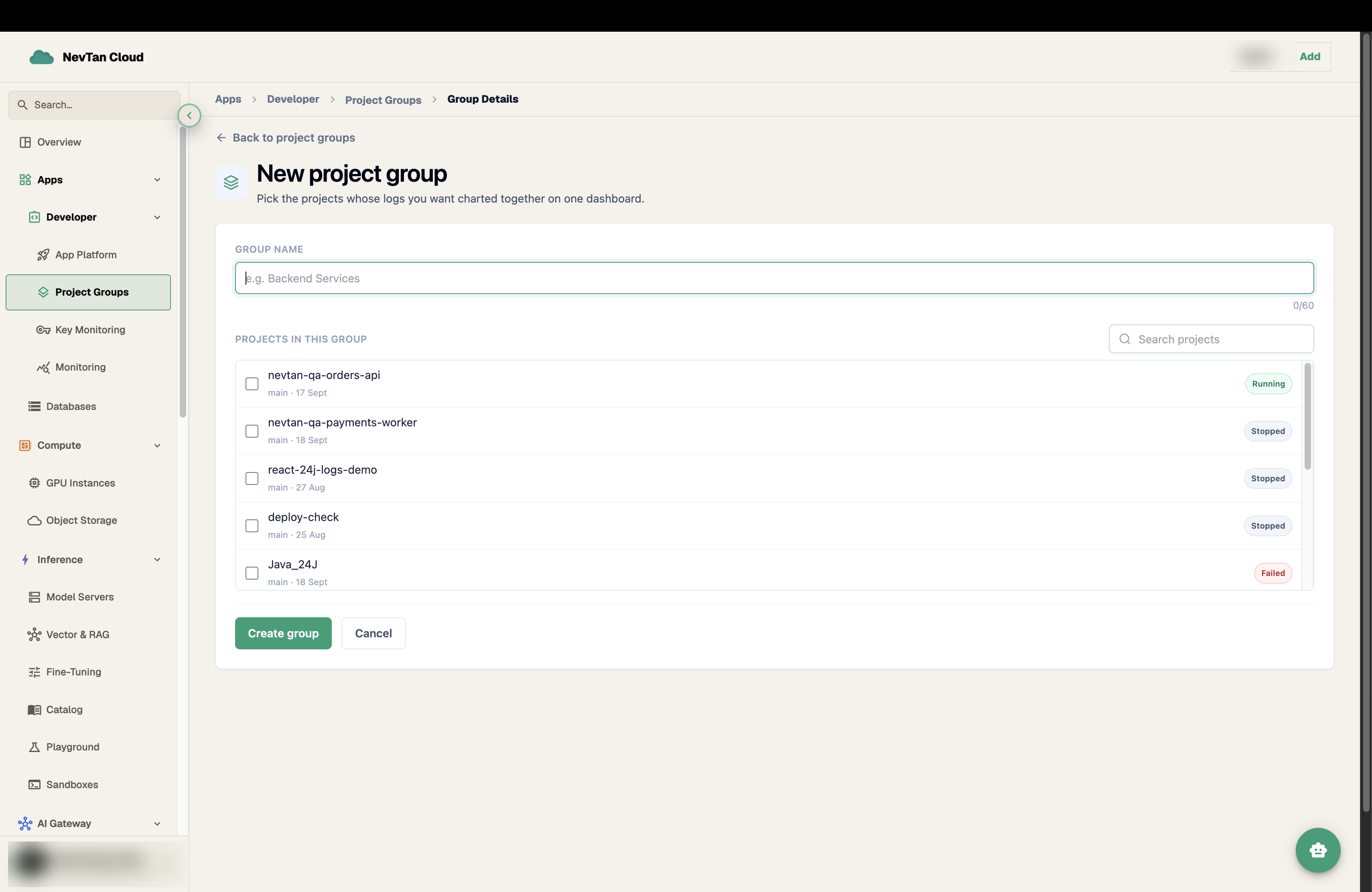New project group form with a group name field and a searchable, checkbox list of projects