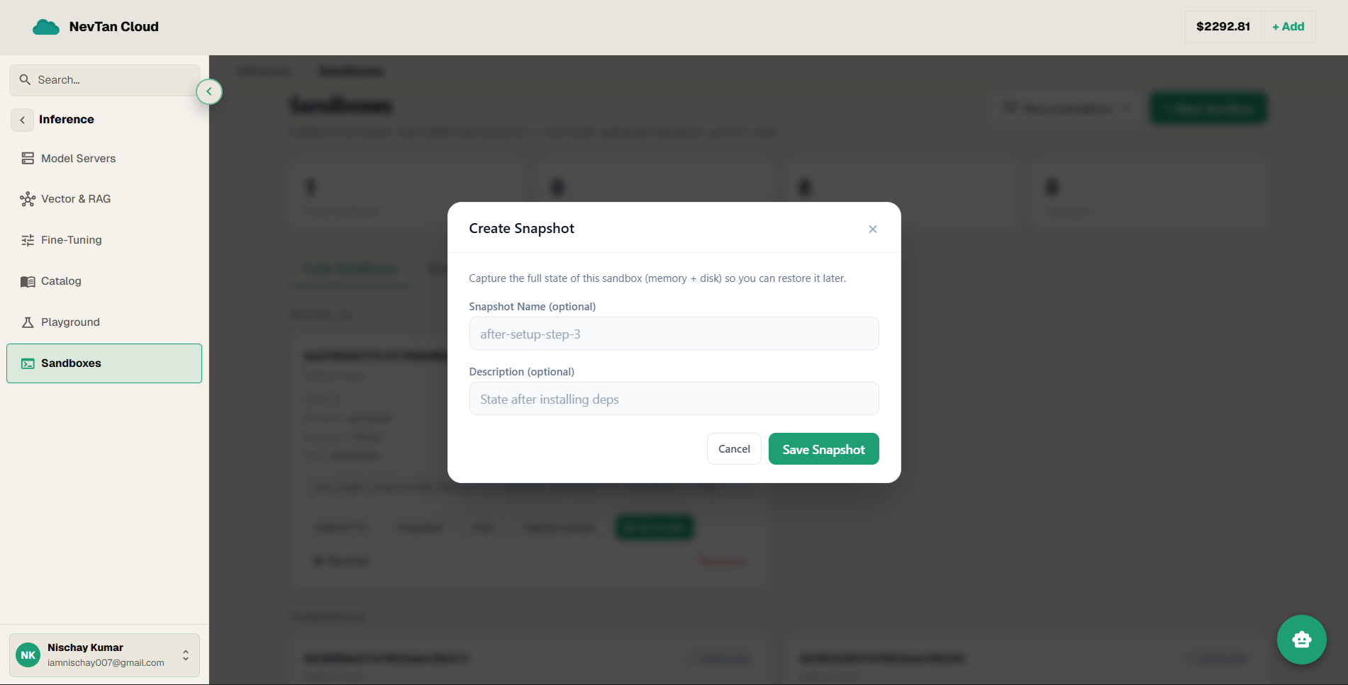 The sandbox snapshot action and saved snapshots