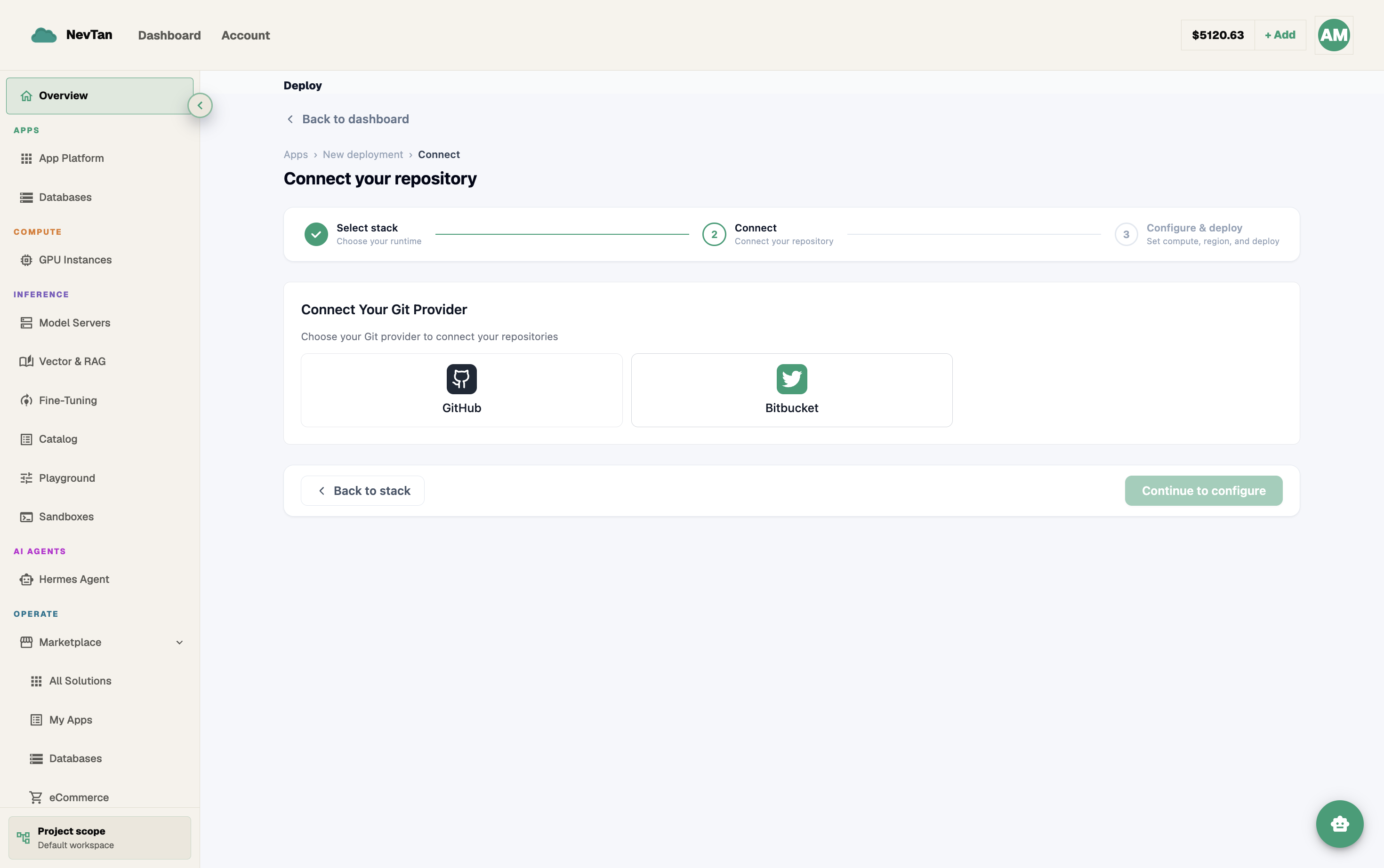 Connect repository step in the deploy wizard listing GitHub repositories to choose from